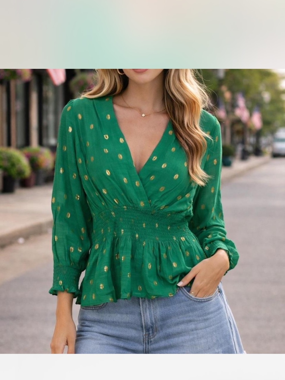 Harve Benard Emerald Green V-Neck Smocked Peplum Blouse with Gold Dots